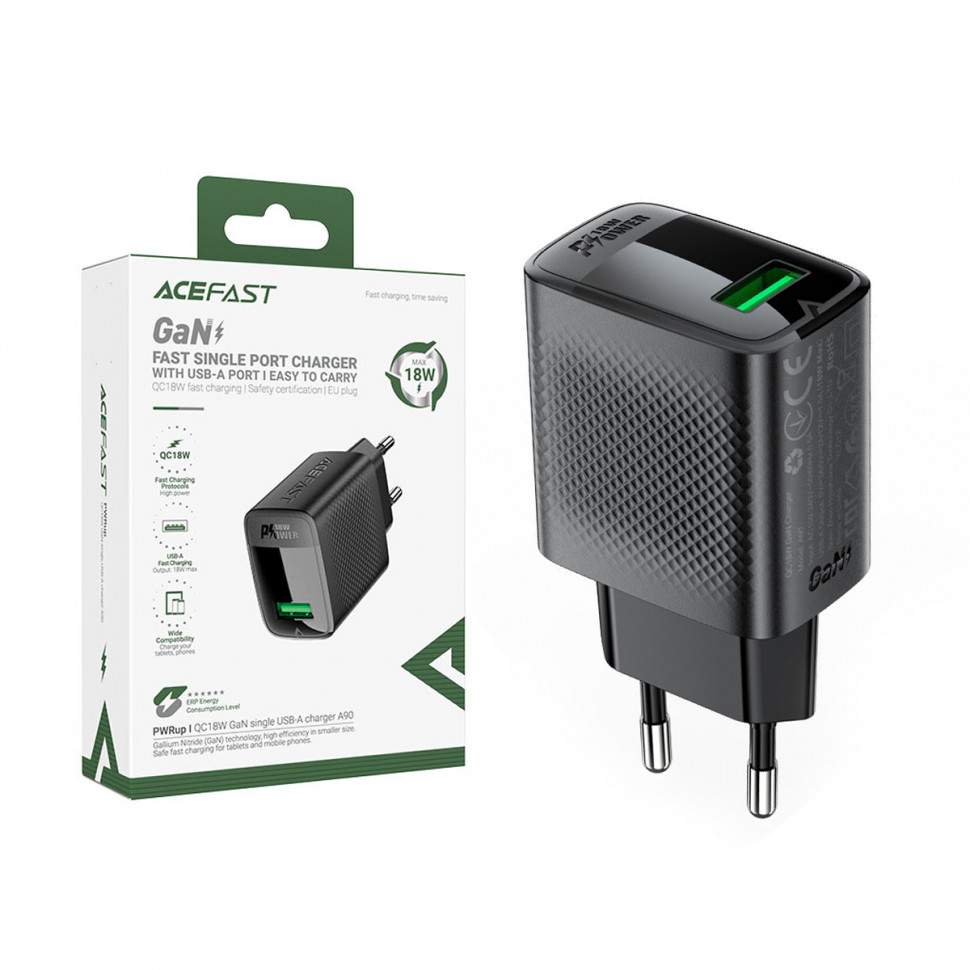 СЗУ USB Acefast A90 (18W, QС3.0, GaN) Черный