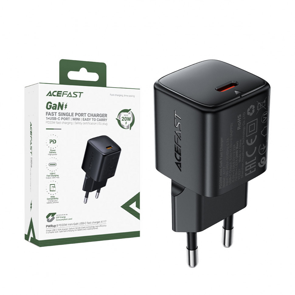 СЗУ Type-C Acefast A117 (20W, PD, mini GaN) Черный