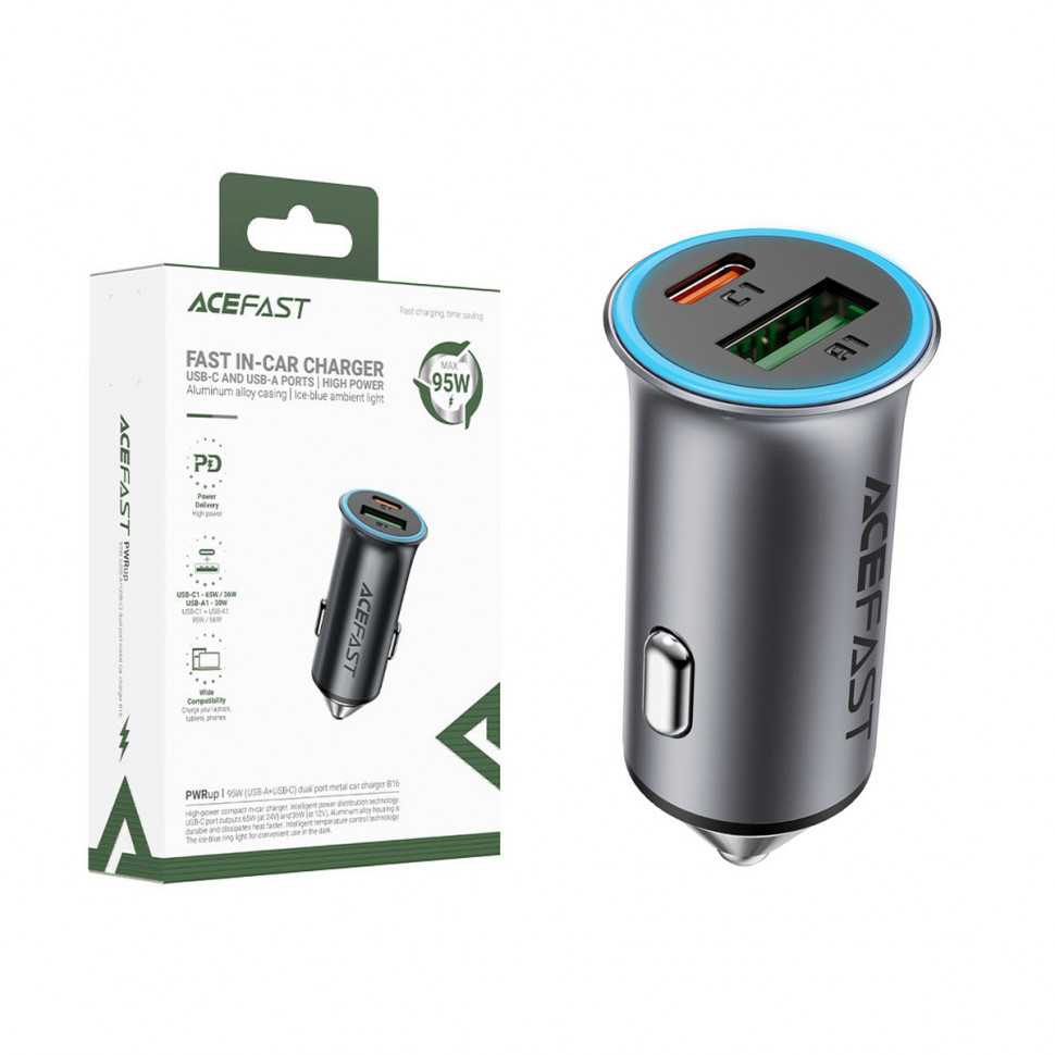 АЗУ USB/Type-C Acefast B16 (95W, QC3.0, PD, 1Type-C, 1USB) Серый