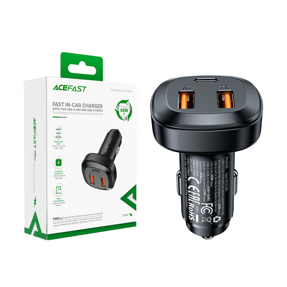 АЗУ USB/Type-C Acefast B9 (66W, QC3.0, PD, 1Type-C, 2USB) Черный