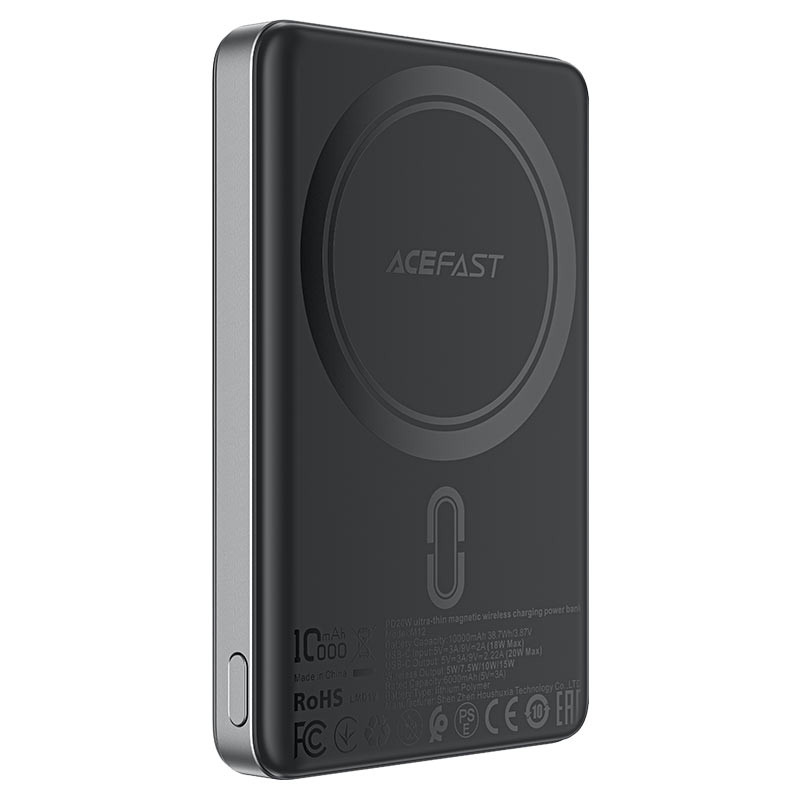Внешний Аккумулятор Acefast M12 10000 mAh (20W, PD, беспроводная зарядка 15W, Type-C, LED) Черный