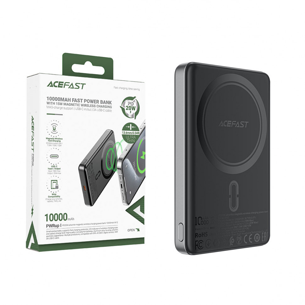 Внешний Аккумулятор Acefast M12 10000 mAh (20W, PD, беспроводная зарядка 15W, Type-C, LED) Черный