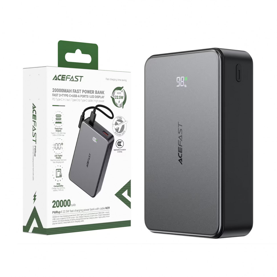 Внешний Аккумулятор Acefast M29 20000 mAh (22.5W, 20W, PD, Type-C, кабель Type-C) Черный