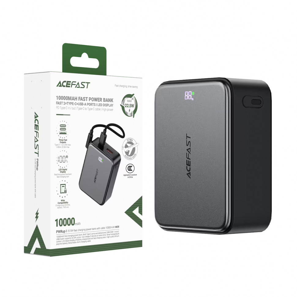 Внешний Аккумулятор Acefast M28 10000 mAh (22.5W, PD, Type-C, кабель Type-C) Черный