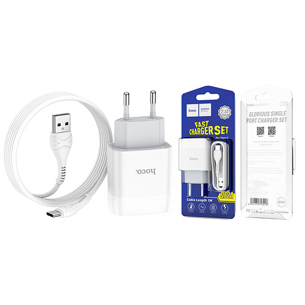 СЗУ USB Hoco C72A (10.5W, кабель Type-C) Белый