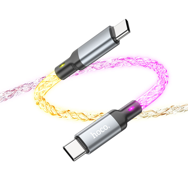 Кабель Type-C - Type-C Hoco U112 (3A, 60W, PD, прозрачный, светодиодный) Серый