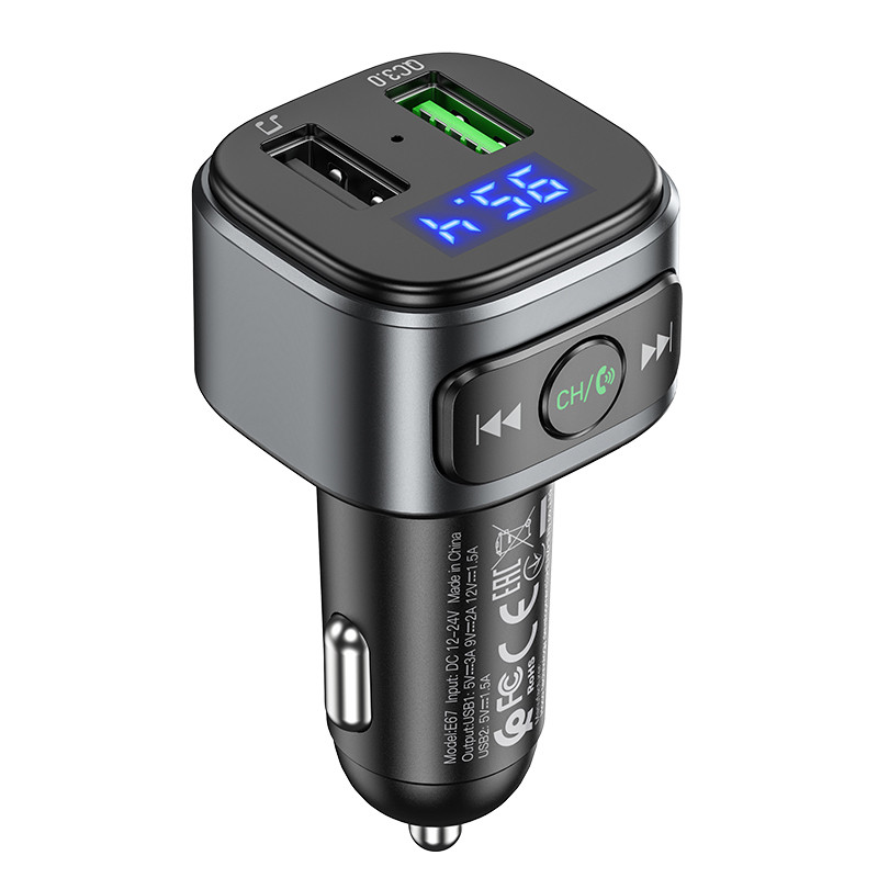 АЗУ USB Hoco E67 (18W, QC3.0, 2USB, FM модулятор, Bluetooth) Черный