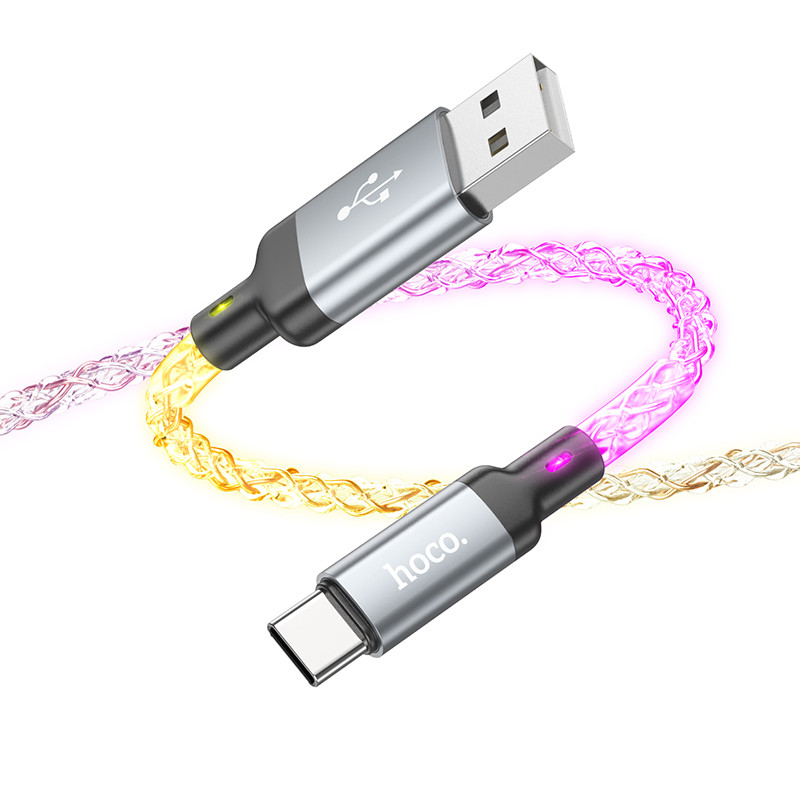 Кабель USB - Type-C Hoco U112 (3A, прозрачный светящийся) Серый