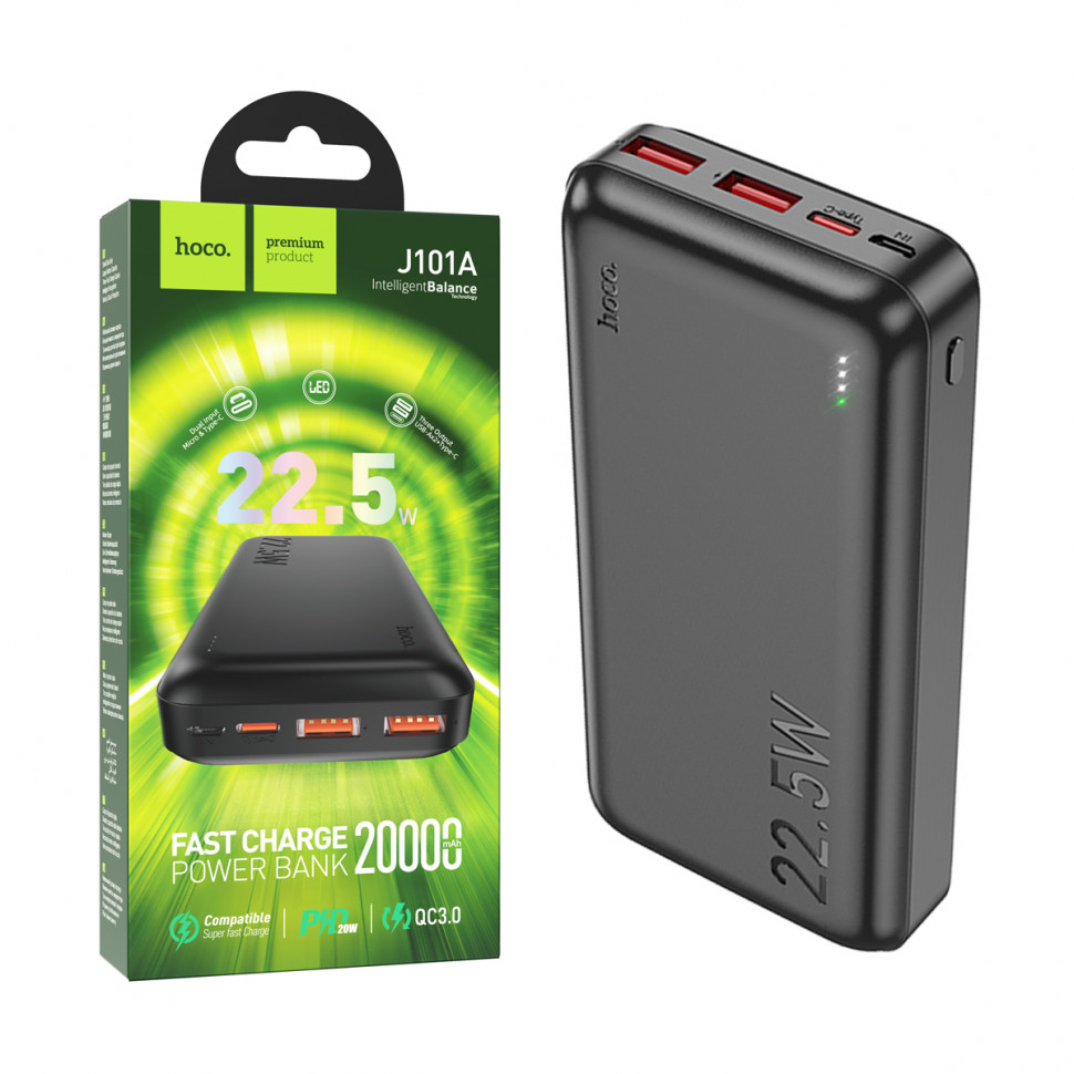 Внешний Аккумулятор Hoco J101A 20000 mAh (22.5W, QC3.0, PD, 2USB, MicroUSB, Type-C) Черный
