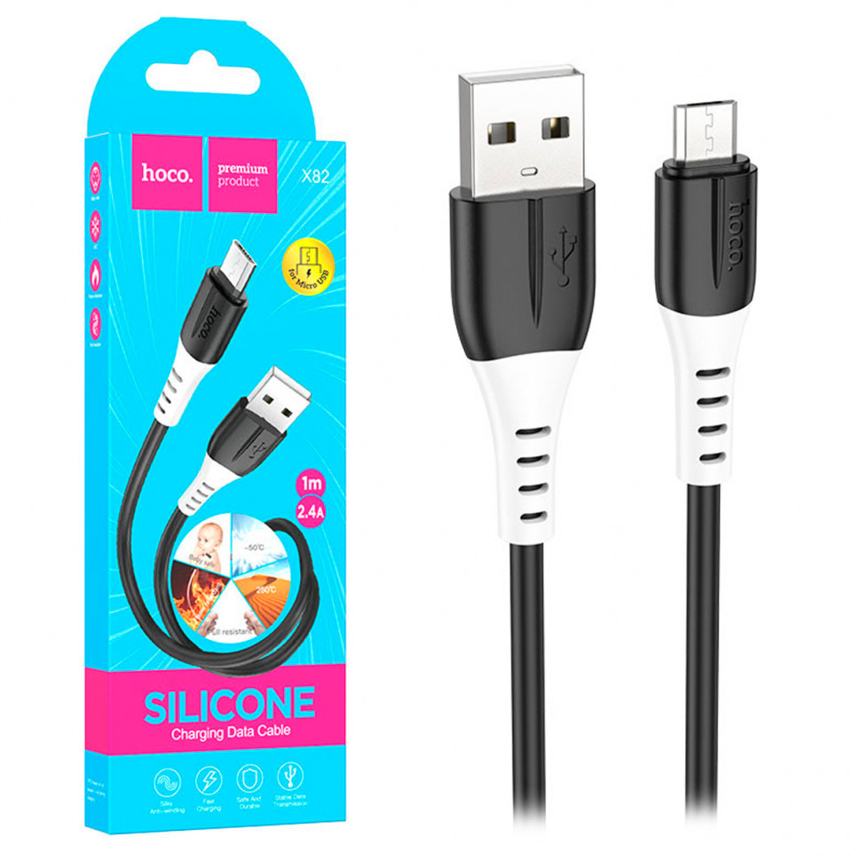 Кабель USB - MicroUSB Hoco X82 (2.4A, оплетка силикон, термостойкий) Черный