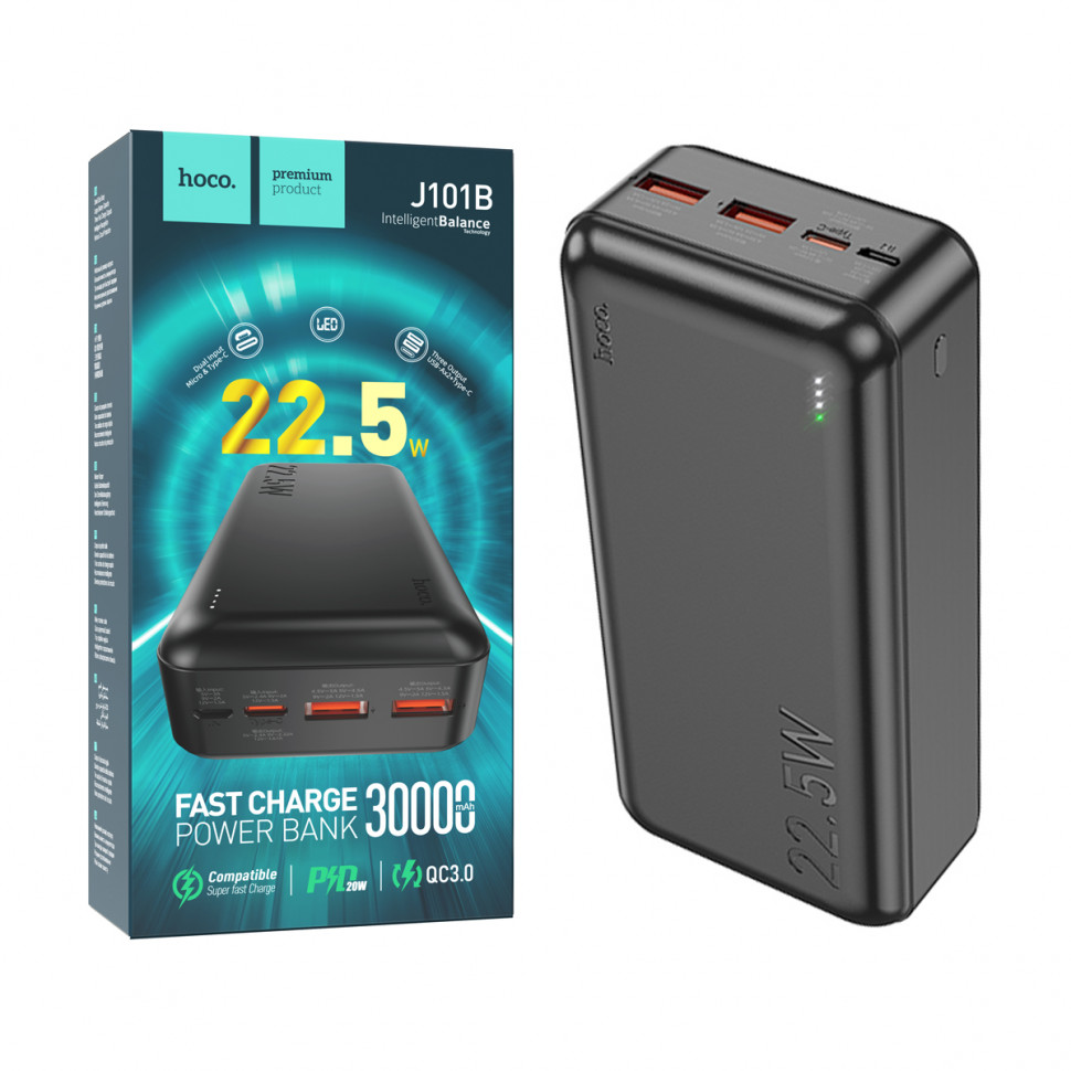 Внешний Аккумулятор Hoco J101B 30000 mAh (22.5W, QC3.0, PD, 2USB, MicroUSB, Type-C) Черный