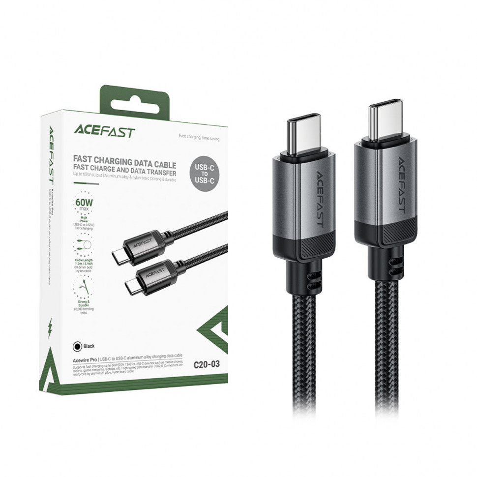 Кабель Type-C - Type-C Acefast C20-03 (3A, 60W, PD, оплетка нейлон, 1.2 м) Черный