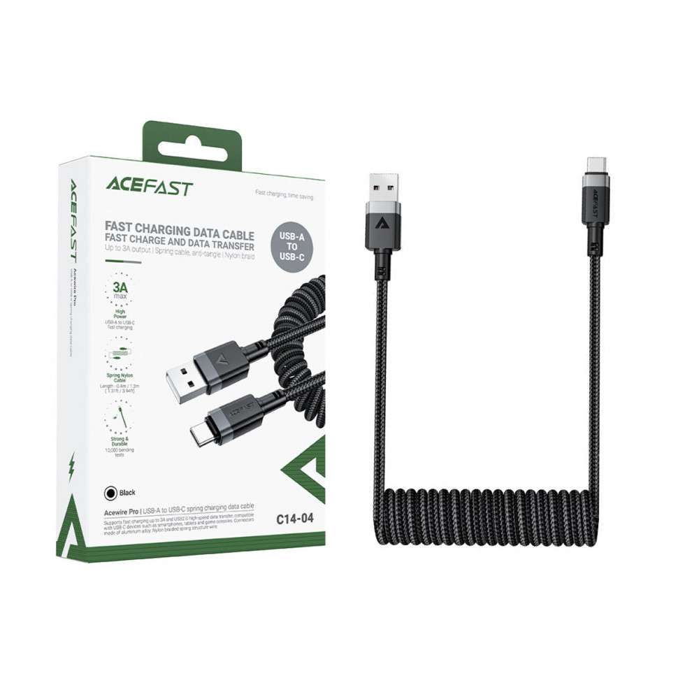 Кабель USB - Type-C Acefast C14-04 (3A, пружинный, оплетка нейлон, 1.2 м) Черный