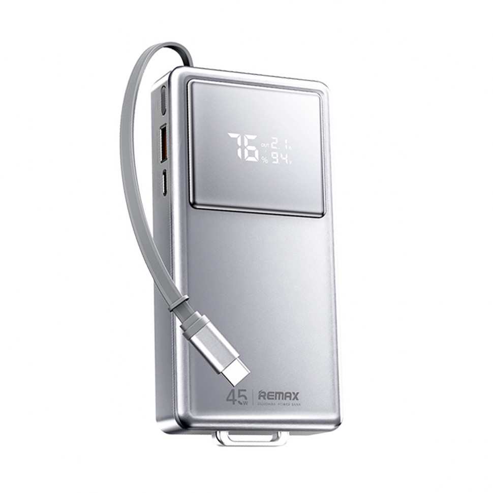 Внешний Аккумулятор (Power Bank) Remax FCP-30 20000 mAh (45W, PD, Type-C, встроенный кабель Type-C, LED дисплей) Серый