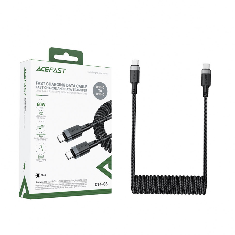 Кабель Type-C - Type-C Acefast C14-03 (3A, 60W, PD, пружинный, оплетка нейлон, 1.2 м) Черный