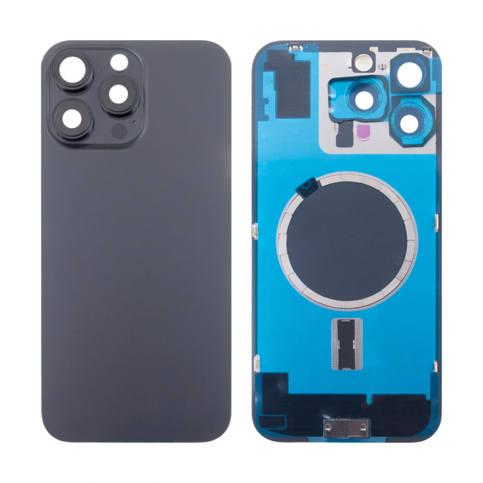 Задняя крышка для iPhone 16 Pro Max в сборе со стеклом камеры Черный (стекло, логотип) - Премиум