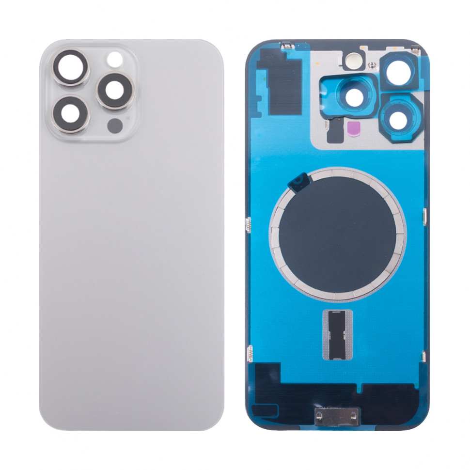 Задняя крышка для iPhone 16 Pro Max в сборе со стеклом камеры Серый (стекло, логотип) - Премиум