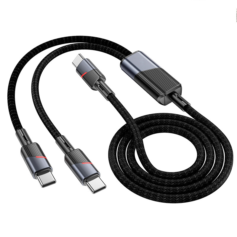 Кабель Type-C - 2 в 1 (Type-C + Type-C) Hoco U139 (5A, 100W, PD, оплетка ткань, 1.2 м) Черный