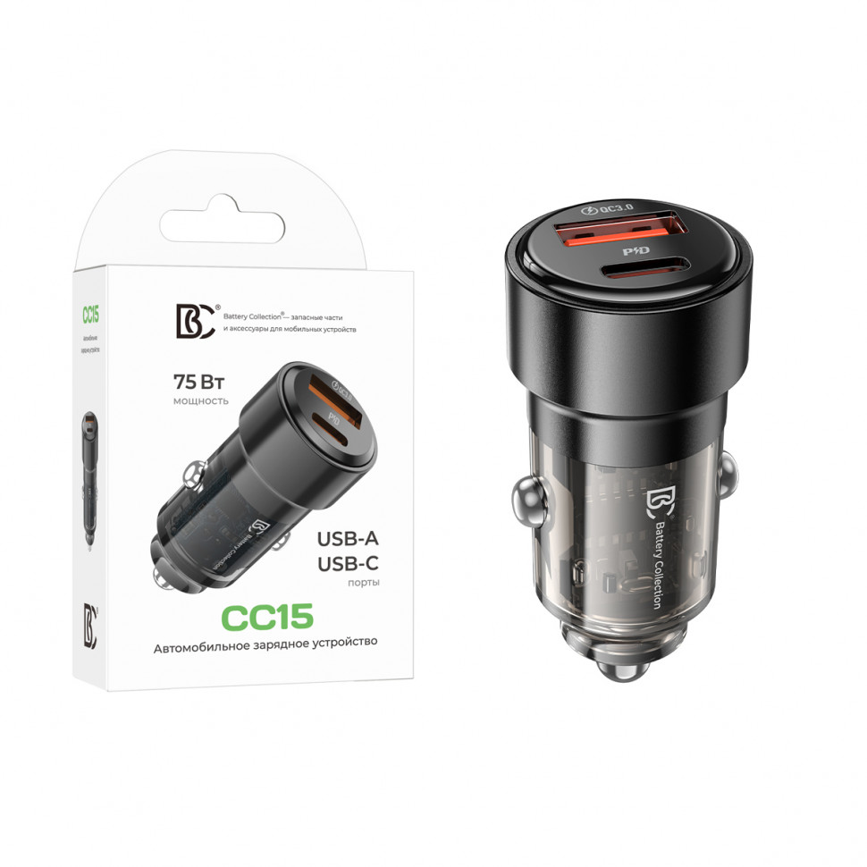 АЗУ USB/Type-C BC CC15 (75W, QC4.0, PD, SuperVOOC, 1Type-C, 1USB) Черный