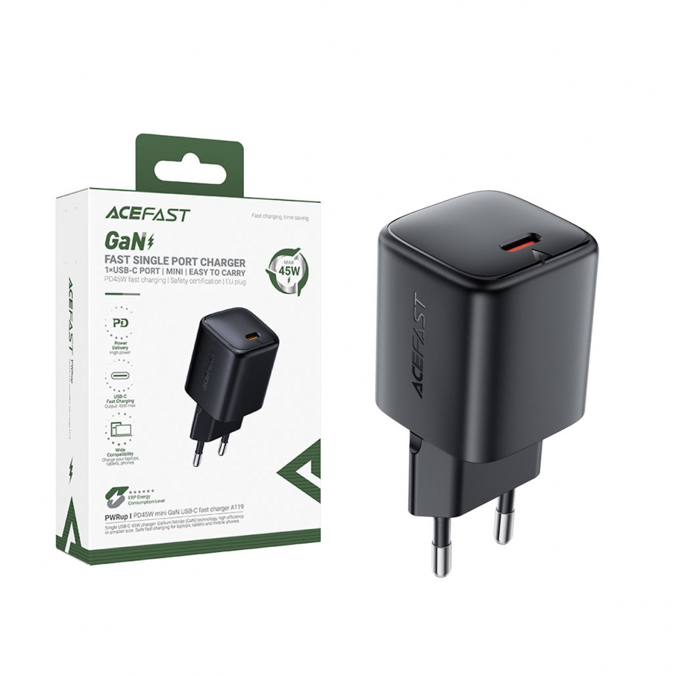 СЗУ Type-C Acefast A119 (45W, PD, AVS, mini GaN) Черный