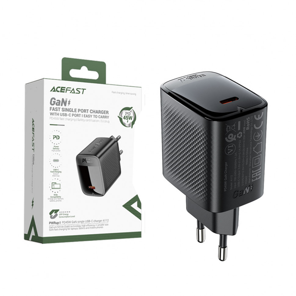 СЗУ Type-C Acefast A112 (45W, PD, AVS, GaN) Черный