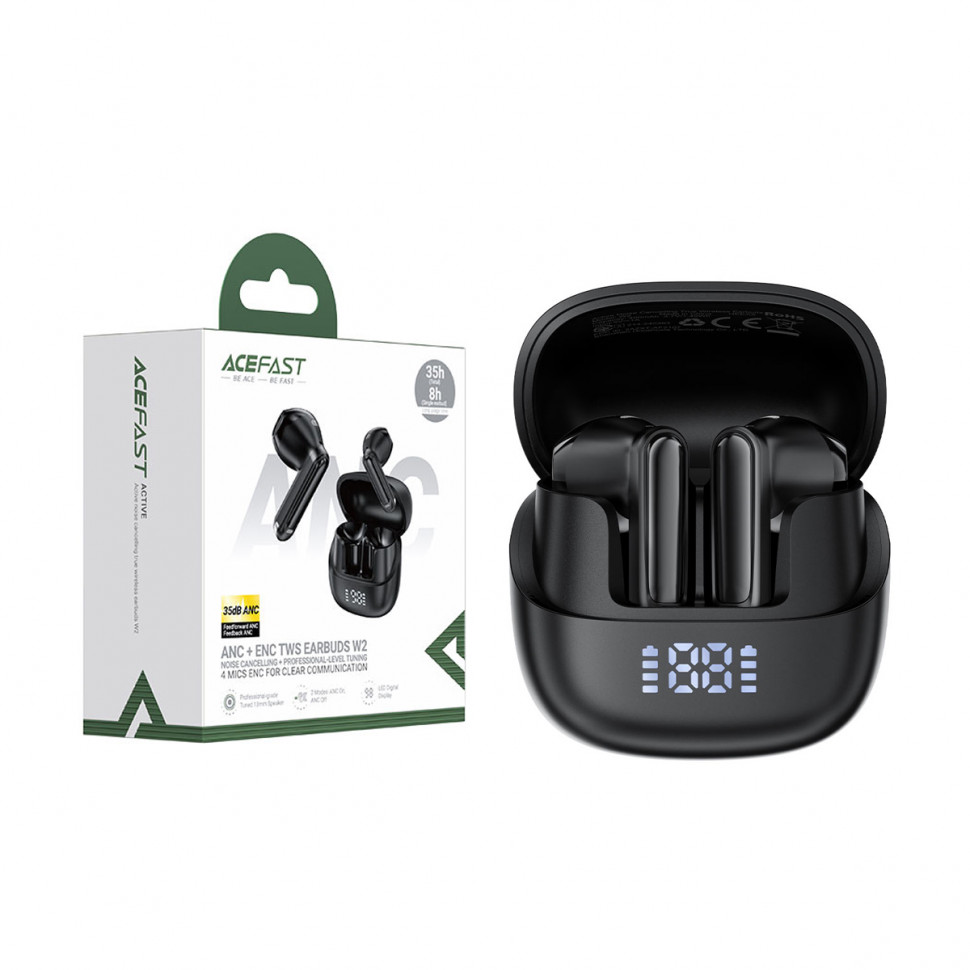 Беспроводные наушники Bluetooth Acefast W2 (TWS, вакуумные, с диплеем, ANC) Черный