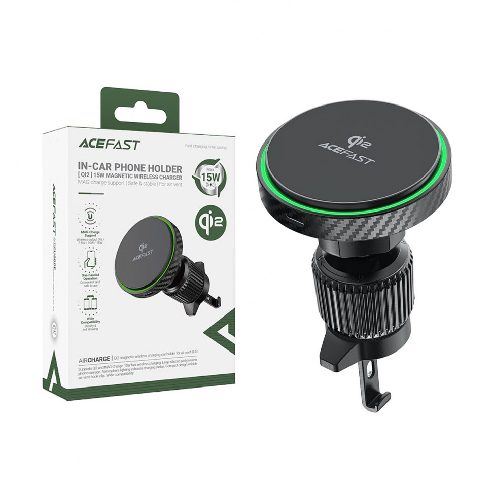 Авто держатель Acefast D33 (с беспроводной зарядкой 15W, Qi2, магнитный, в дефлектор) Черный