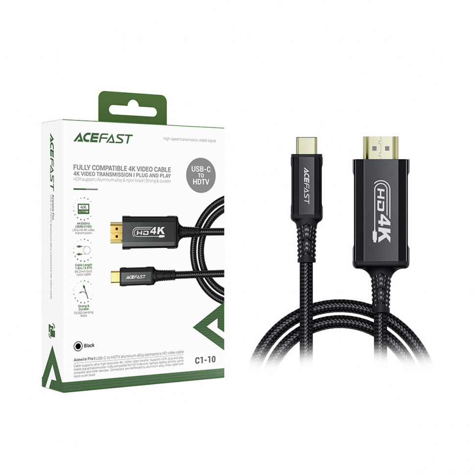 Кабель Type-C - HDMI Acefast C1-10 (ver 2.1, 4K/60 Hz, оплетка нейлон, 1.8 м) Черный