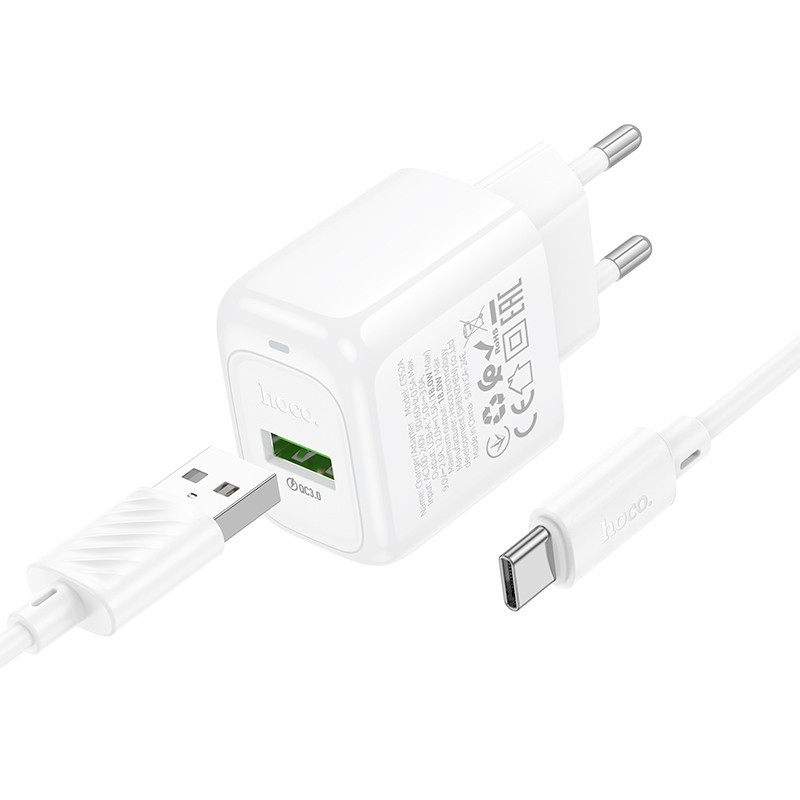 СЗУ USB Hoco CS52A (18W, QС3.0, кабель Type-C) Белый
