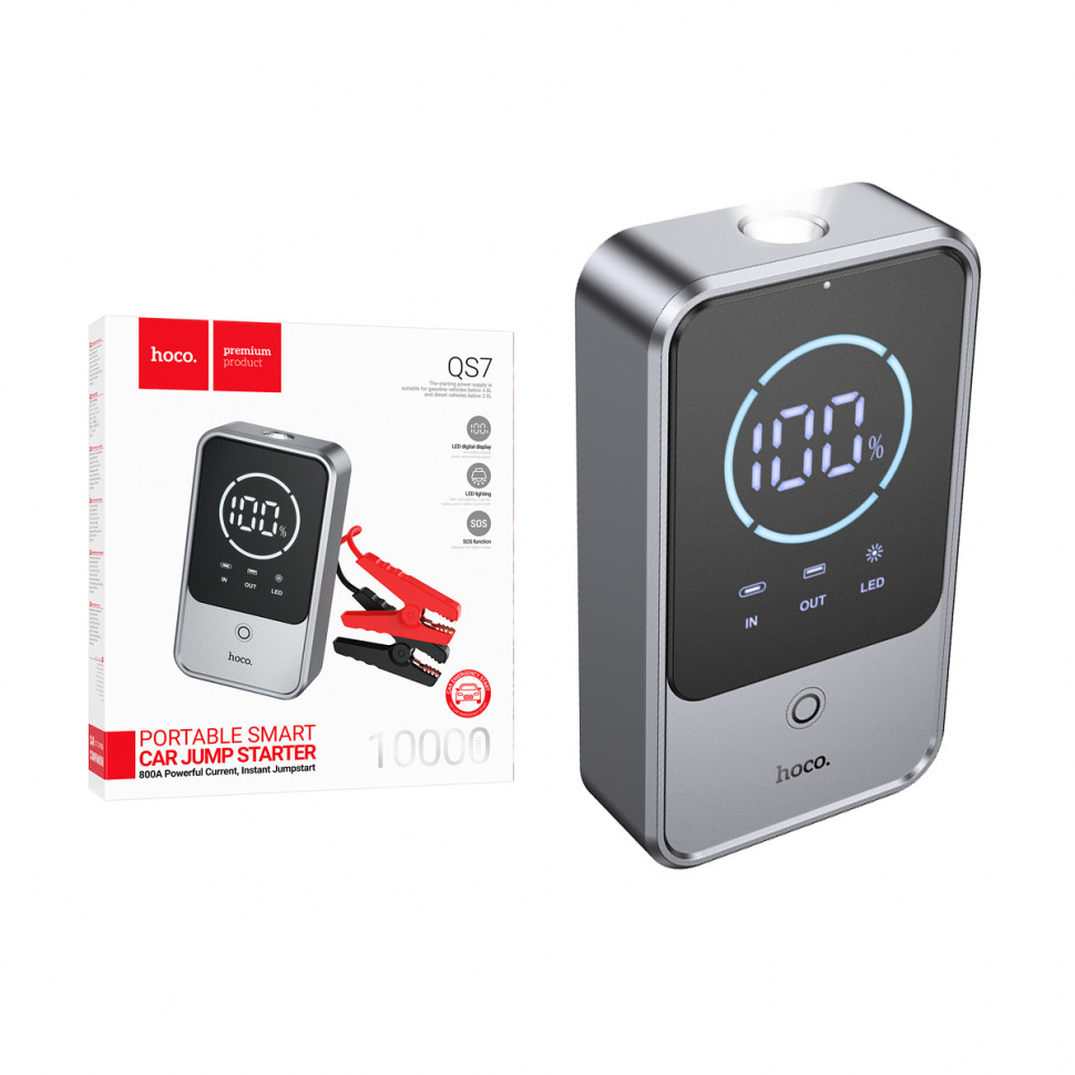 Пусковое устройство (бустер) + Внешний Аккумулятор Hoco QS7 10000 mAh (18W, PD, Type-C, LCD) Серый