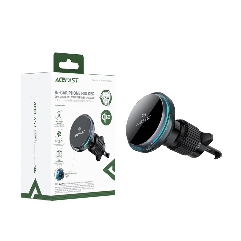 Авто держатель Acefast D61 (с беспроводной зарядкой 25W, Qi2, магнитный, в дефлектор) Серый