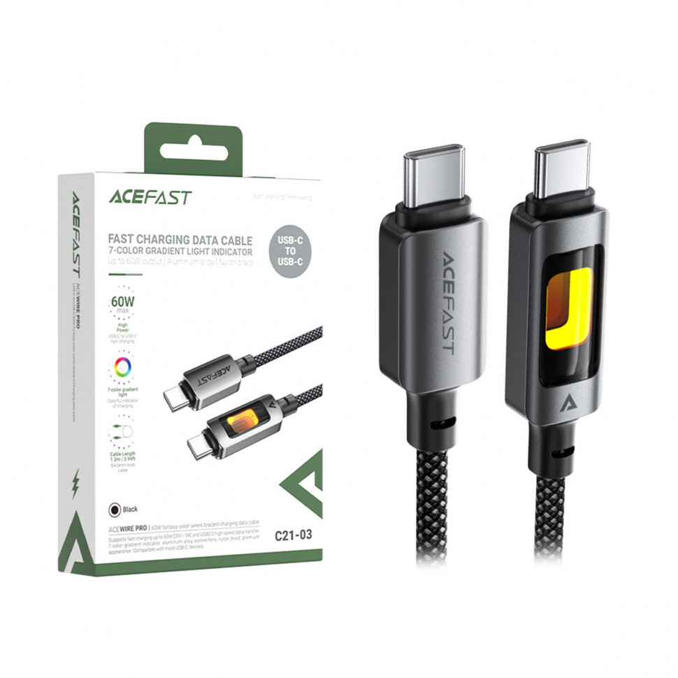 Кабель Type-C - Type-C Acefast C21-03 (3A, 60W, PD, оплетка нейлон, 1.2 м) Черный