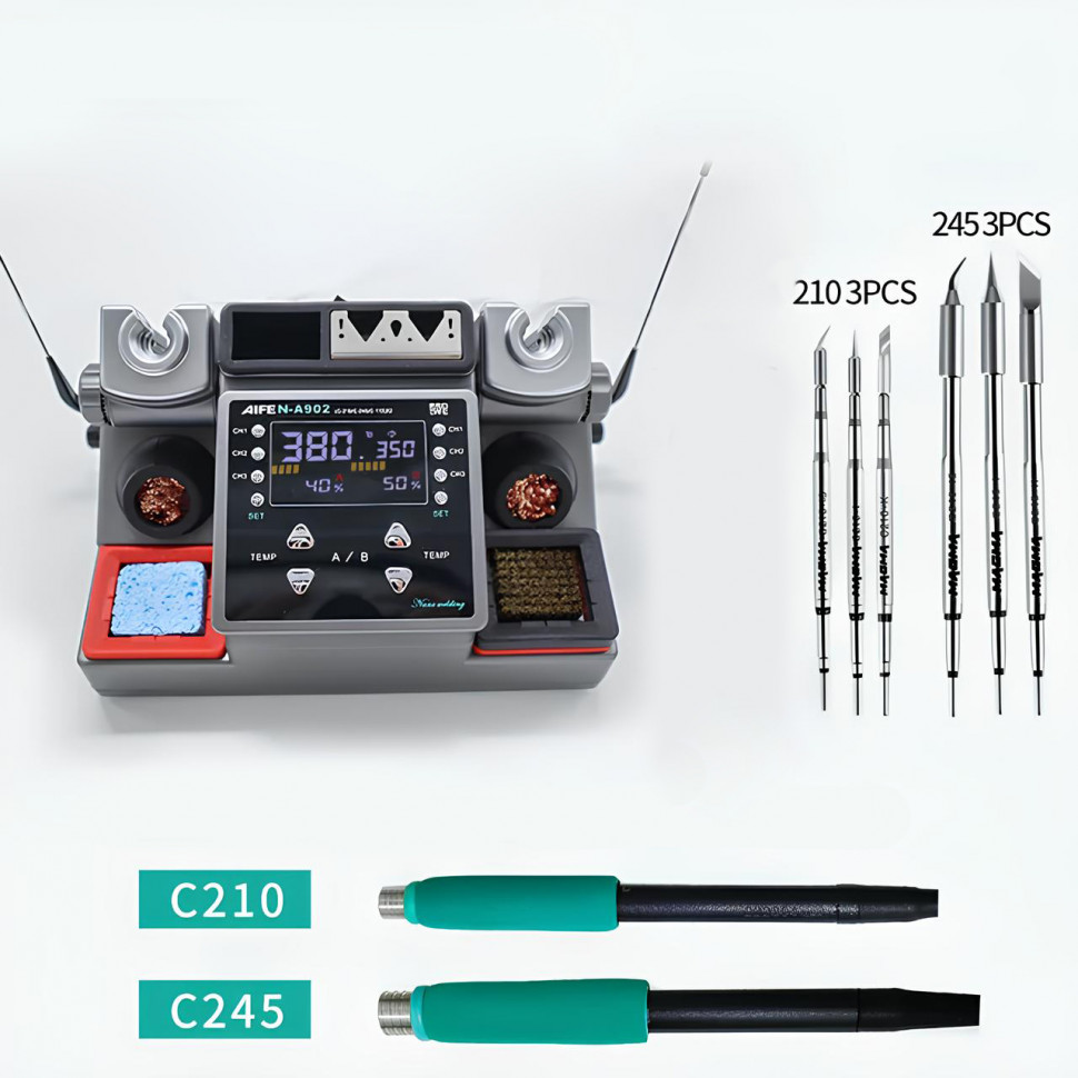 Паяльная станция Aifen A902 (T115/T210/T245) (350W, 2 канала, 2 ручки + 6 жал)