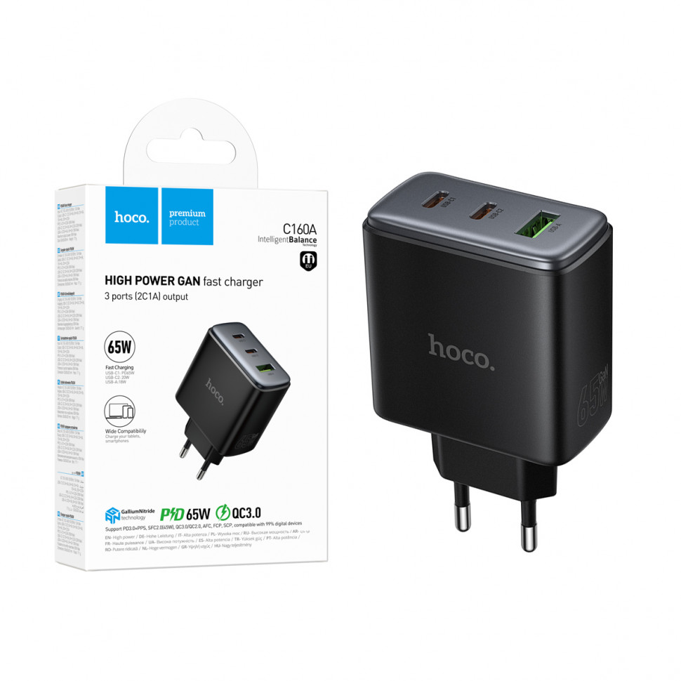 СЗУ USB/Type-C Hoco C160A (65W, QC3.0, PD, 3 порта) Черный