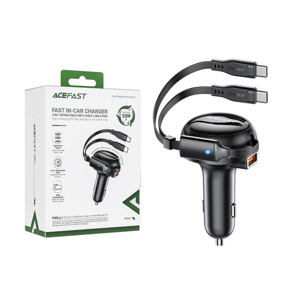 Автомобильное зарядное устройство USB/Type-C Acefast B13 (53W, QC3.0, PD, 1USB, 2 встроенных кабеля Type-C) Черный