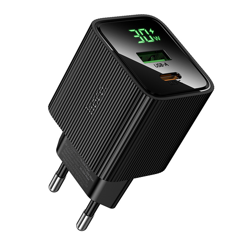 СЗУ USB/Type-C Hoco CS84A (30W, QC3.0, PD, 2 порта, с дисплеем) Черный