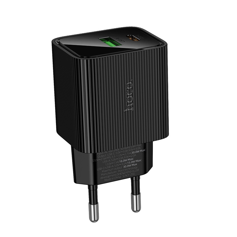 СЗУ USB/Type-C Hoco CS84A (30W, QC3.0, PD, 2 порта, с дисплеем) Черный