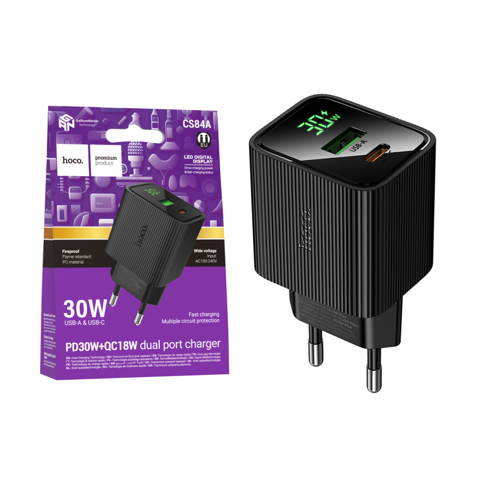 СЗУ USB/Type-C Hoco CS84A (30W, QC3.0, PD, 2 порта, с дисплеем) Черный