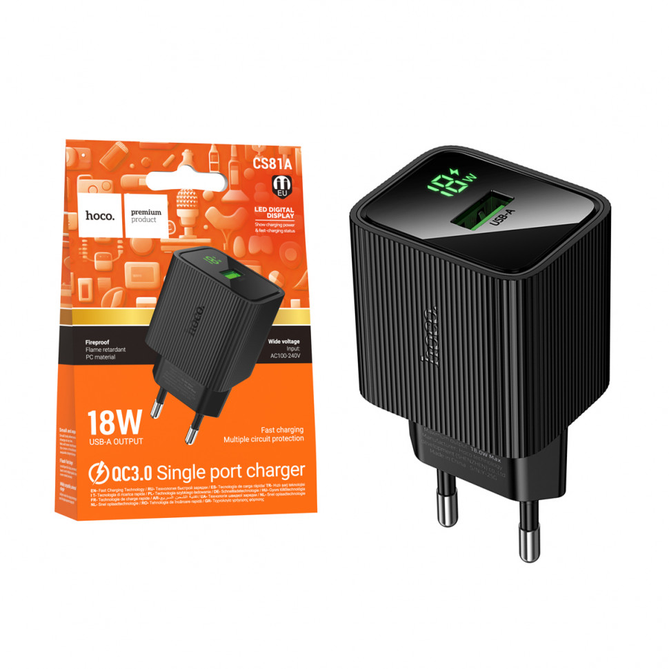 СЗУ USB Hoco CS81A (18W, QС3.0, с дисплеем) Черный