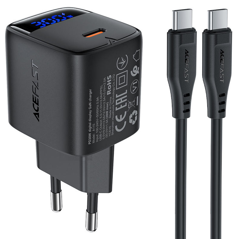 СЗУ Type-C Acefast A115 (30W, PD, кабель Type-C-Type-C, GaN, с дисплеем) Черный