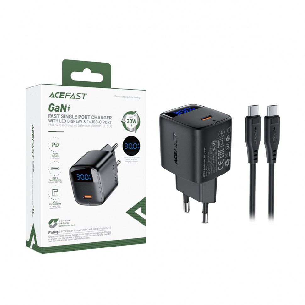 СЗУ Type-C Acefast A115 (30W, PD, кабель Type-C-Type-C, GaN, с дисплеем) Черный