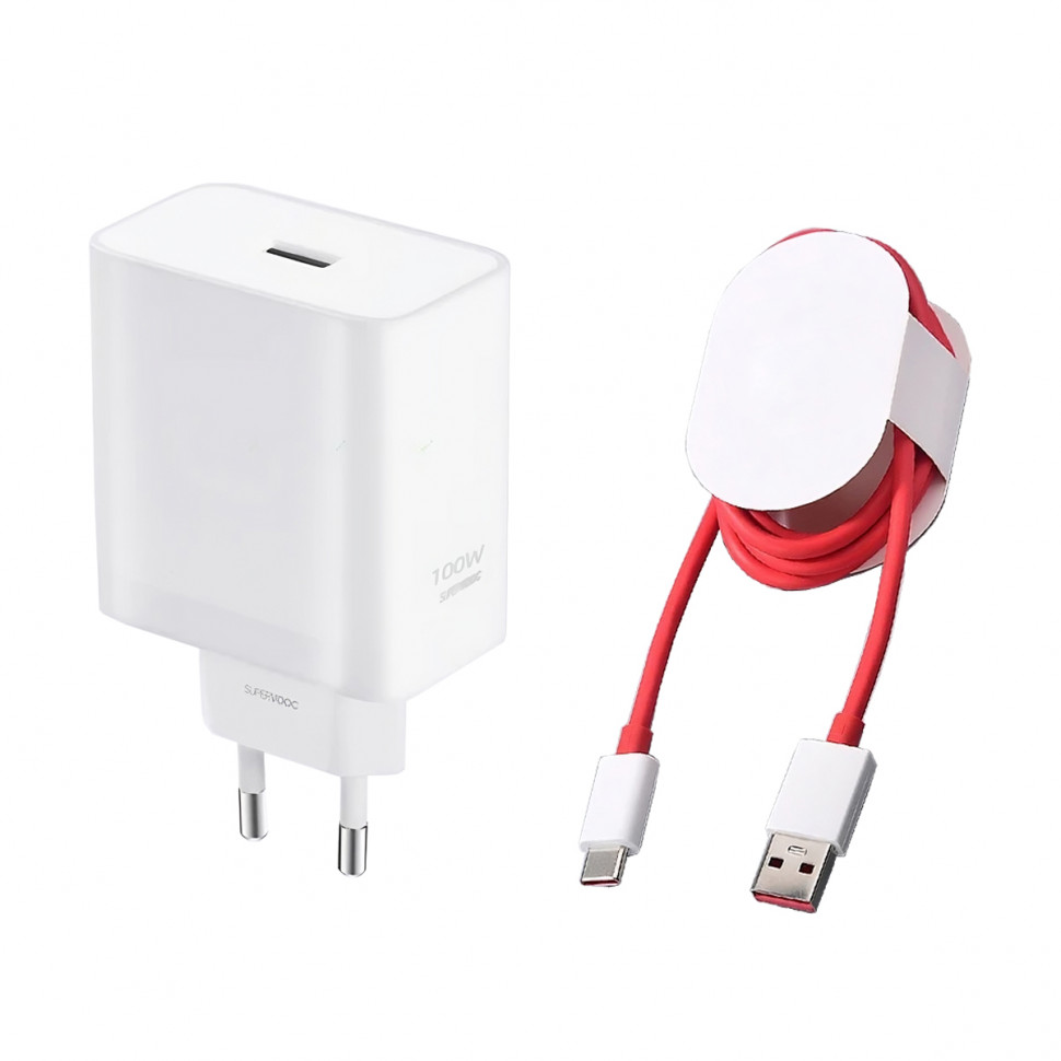 СЗУ USB для OnePlus/OPPO/Realme/Vivo (100W, SuperVOOC, кабель Type-C) Белый