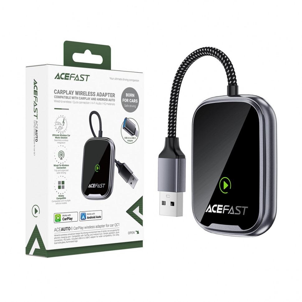 Адаптер USB Acefast QC1 (CarPlay/Android Auto, беспроводной, с адаптером Type-C) Серый