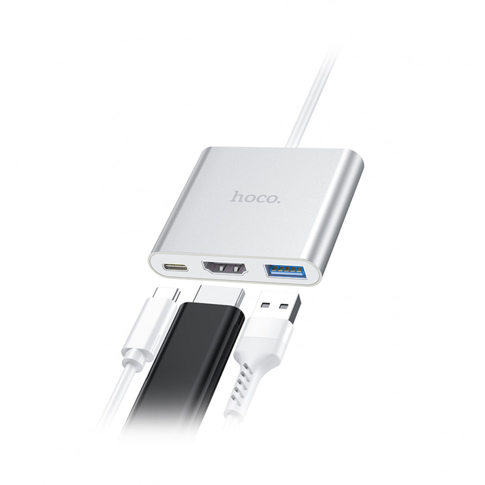 Адаптер Type-C (PD) + USB 3.0 + HDMI (HDTV) Hoco HB14 Серебро