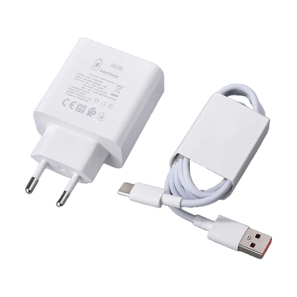 СЗУ USB для Huawei SuperCharger (66W, QC3.0, кабель Type-C) Белый