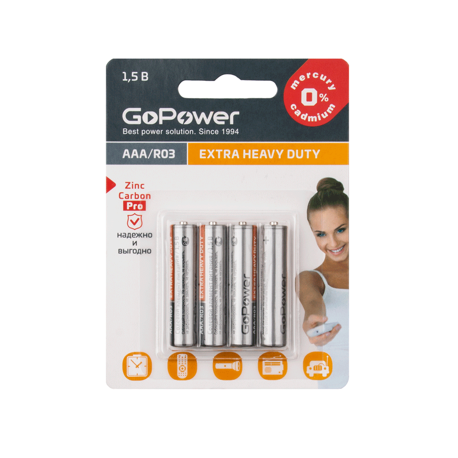Батарейка AAA R03 GoPower Heavy Duty 1.5V (4 шт. в блистере)