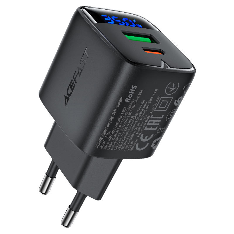 СЗУ USB/Type-C Acefast A116 (35W, QC3.0, PD, 2 порта, GaN, с дисплеем) Черный