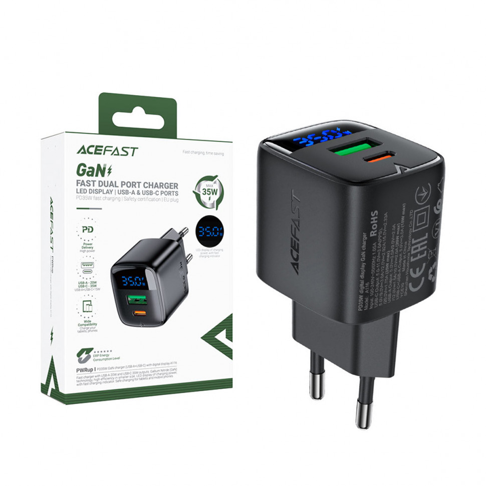СЗУ USB/Type-C Acefast A116 (35W, QC3.0, PD, 2 порта, GaN, с дисплеем) Черный
