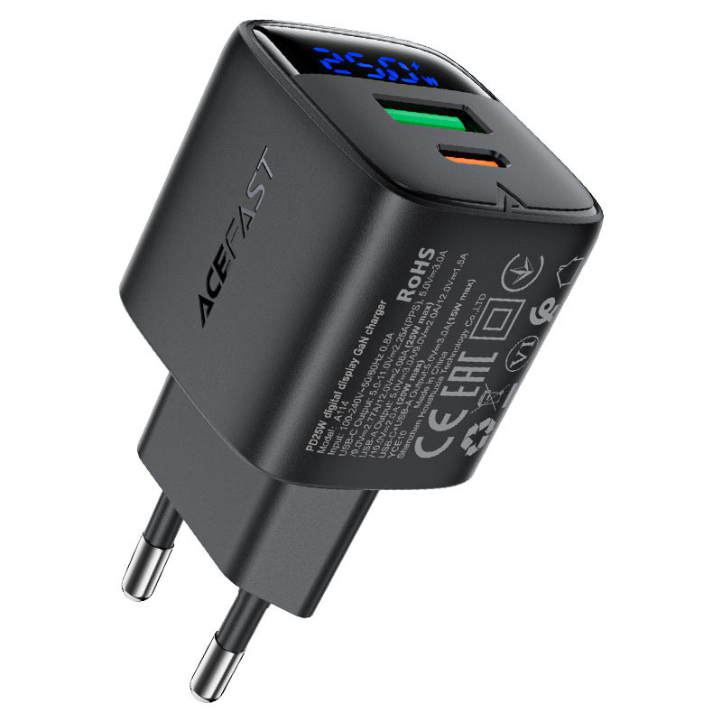 СЗУ USB/Type-C Acefast A114 (25W, QC3.0, PD, 2 порта, GaN, с дисплеем) Черный