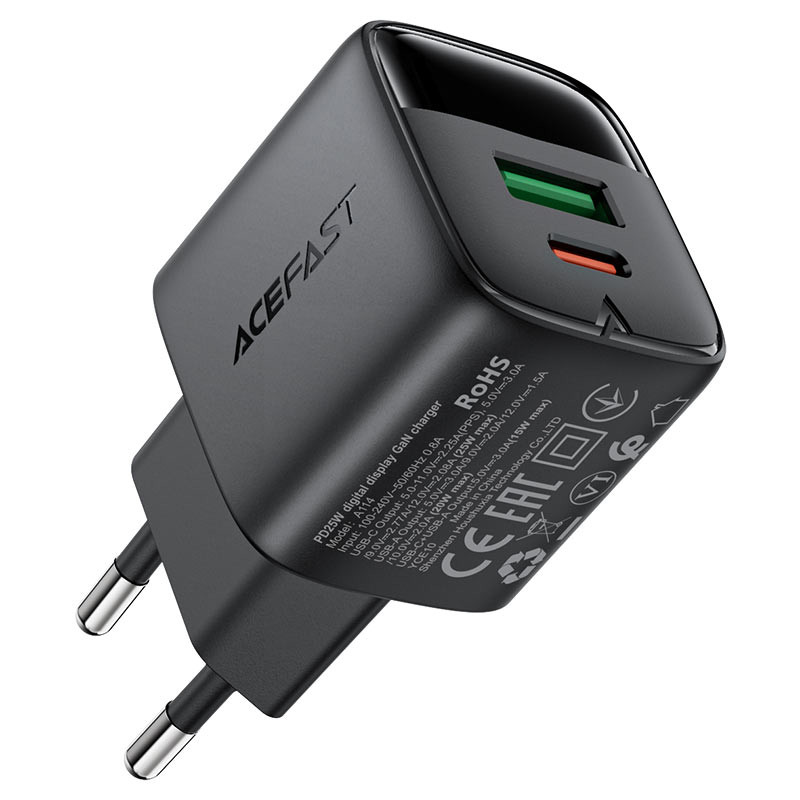 СЗУ USB/Type-C Acefast A114 (25W, QC3.0, PD, 2 порта, GaN, с дисплеем) Черный
